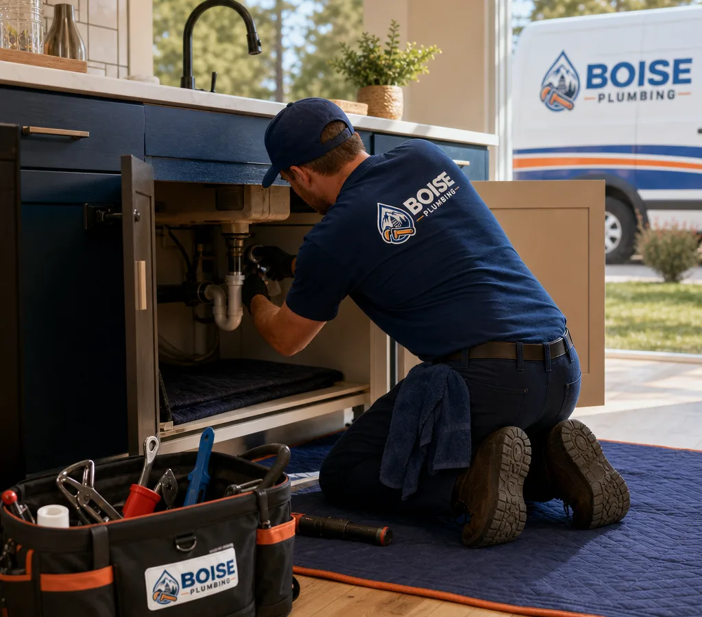 Licensed plumber working beneath a Boise home's kitchen sink with tools and protective floor covering neatly in place