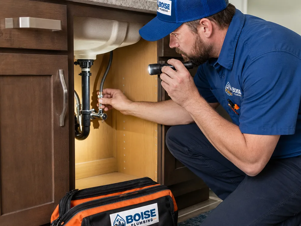 Plumber carefully inspecting a bathroom vanity shutoff valve and supply lines with a flashlight