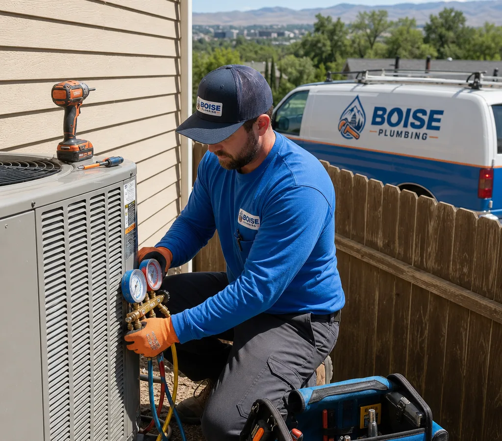 HVAC technician servicing an outdoor air conditioner condenser at a Boise-area home with service gauges and hand tools visible