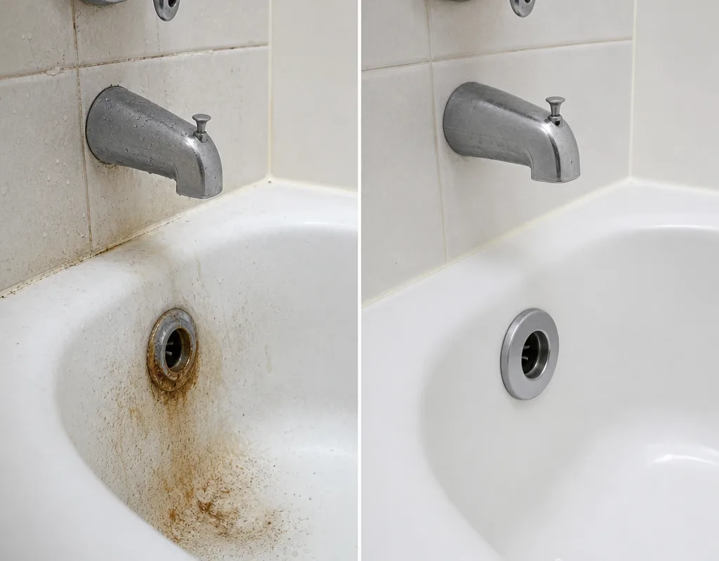 Before and after comparison of a stained leaking tub drain and a properly seated clean drain flange after repair