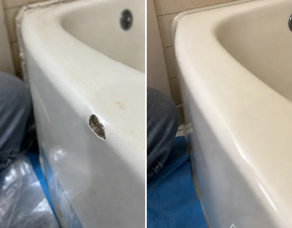 Before and after comparison of a chipped porcelain tub edge repaired flush with a smooth cleanable surface