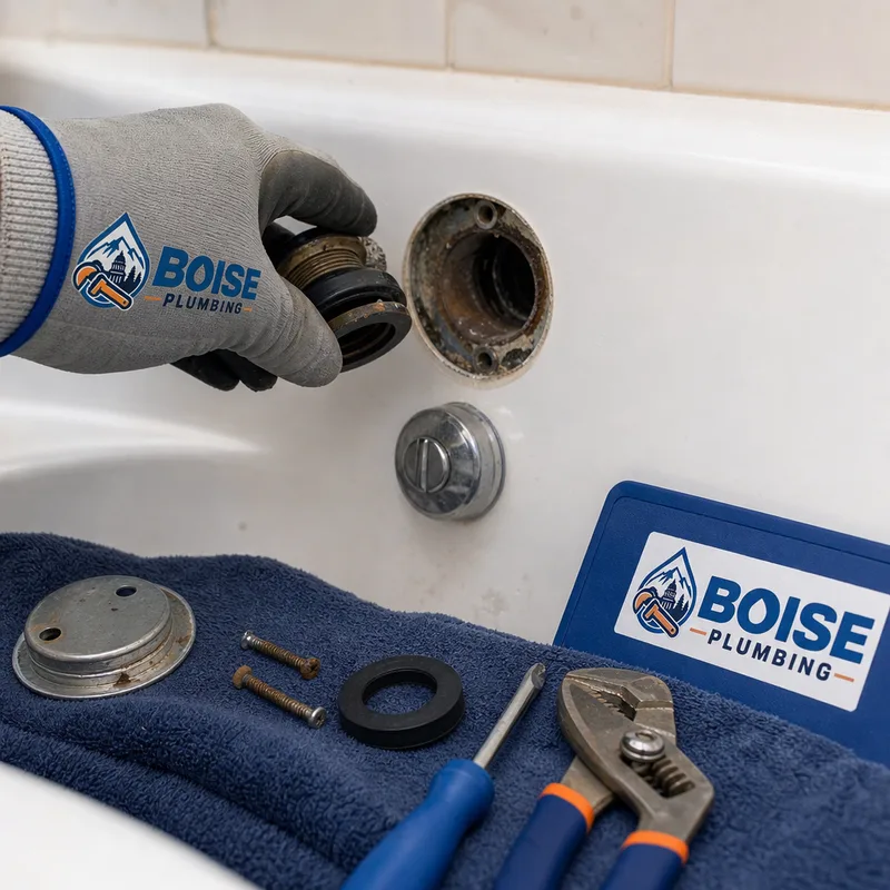 Bathtub drain and overflow area under inspection with trim removed and plumbing tools arranged nearby
