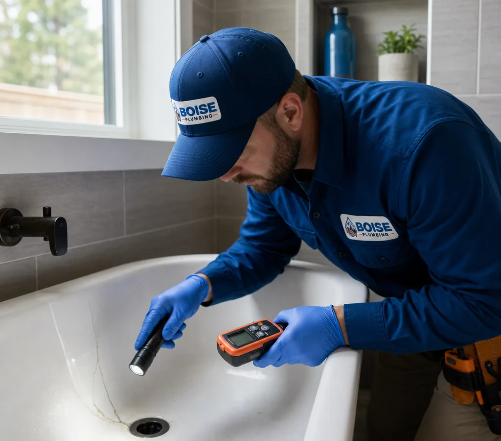 Plumber inspecting a crack near a bathtub drain with a flashlight and moisture meter in a Boise home