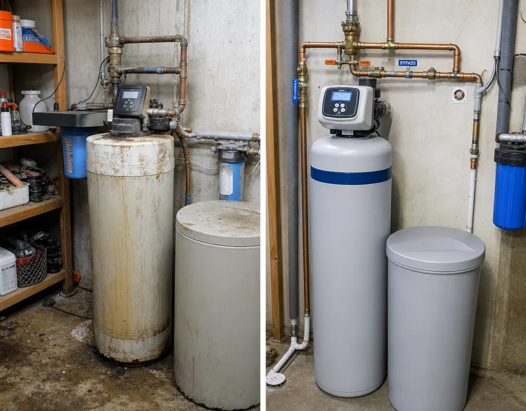 Before and after view of an aging softener setup replaced with a new unit, straightened piping, labeled bypass, and cleaner drain routing