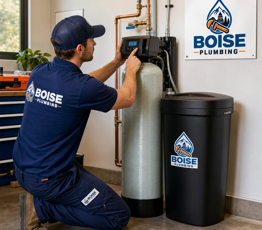 Technician installing a modern water softener in a Boise-area utility room with the brine and resin tanks neatly connected to the main line