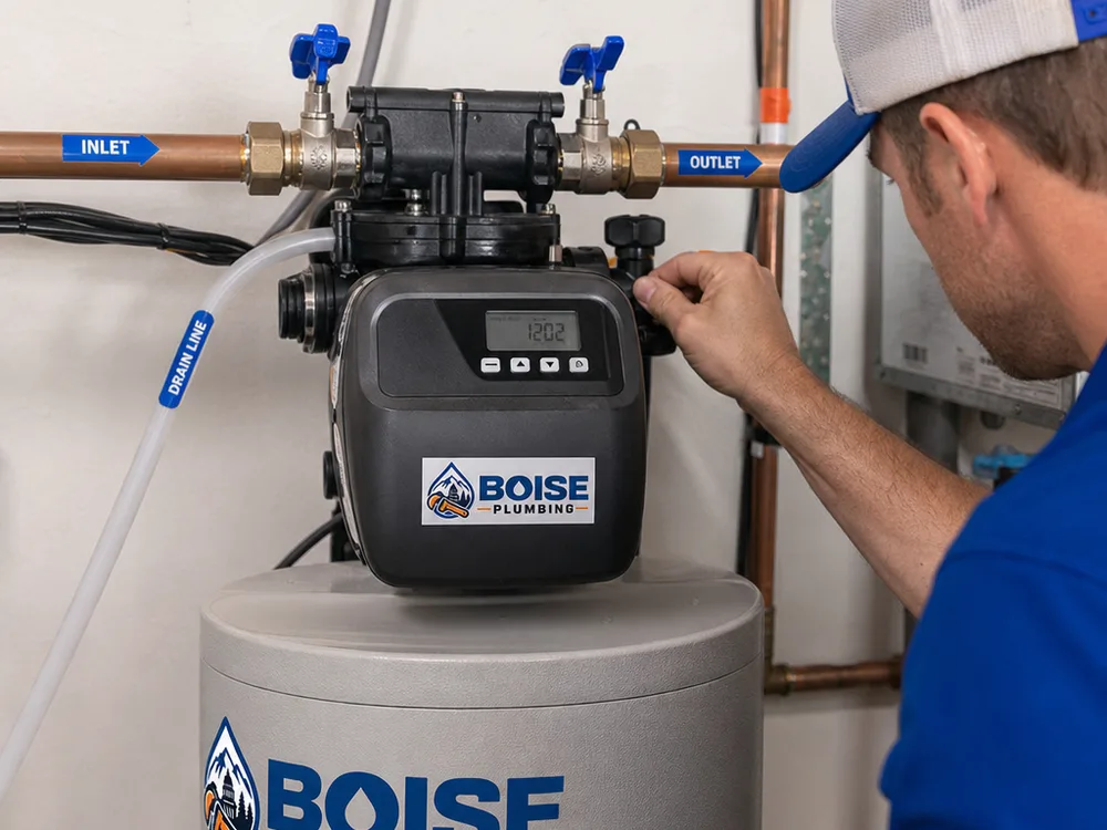 Close-up of a neatly installed water softener control valve, bypass assembly, labeled supply lines, drain routing, and accessible shutoff valves