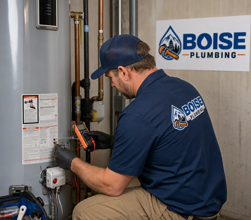 Technician checking the connections and controls on a residential water heater in a Boise utility room