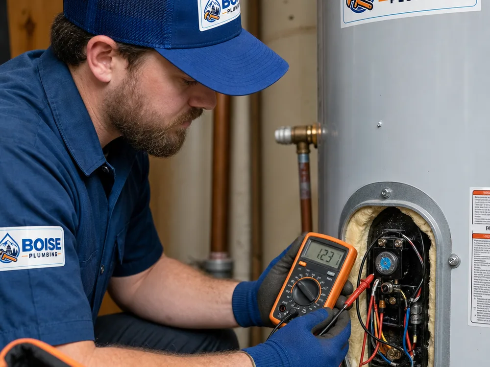 Technician safely testing an electric water heater thermostat and heating element with a multimeter