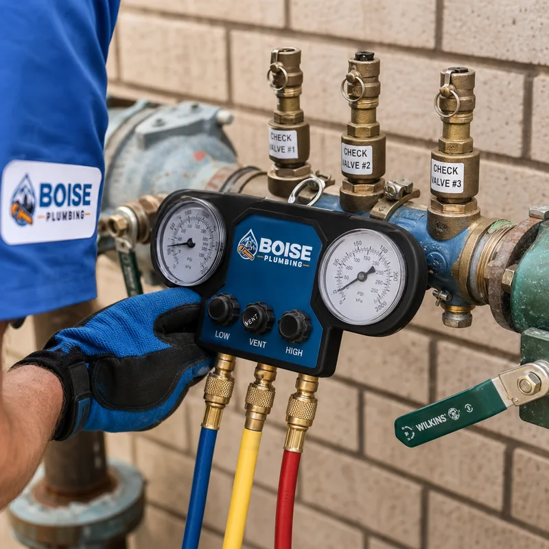 Backflow preventer gauge manifold connected to labeled test cocks for certified pressure readings
