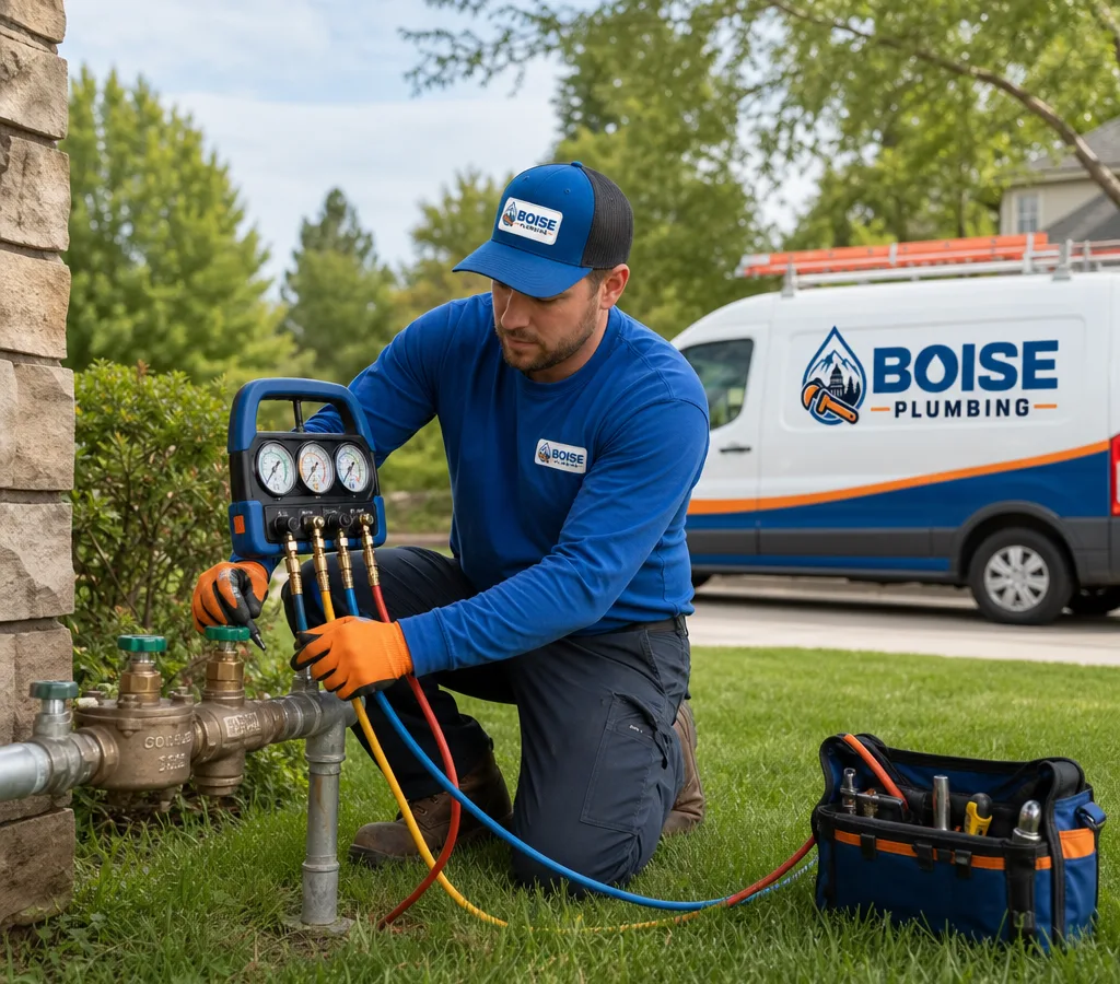 Technician performing a backflow test on an outdoor irrigation backflow preventer in a Boise residential yard