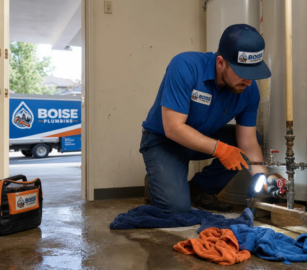 Plumber using a work light while shutting off a water valve near a leaking water heater in a Boise home