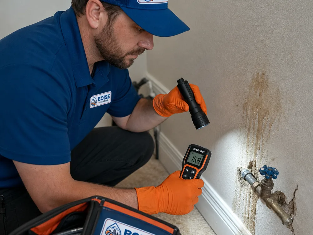 Plumber using a moisture meter and inspection light near a water-stained baseboard and supply valve in a Boise home