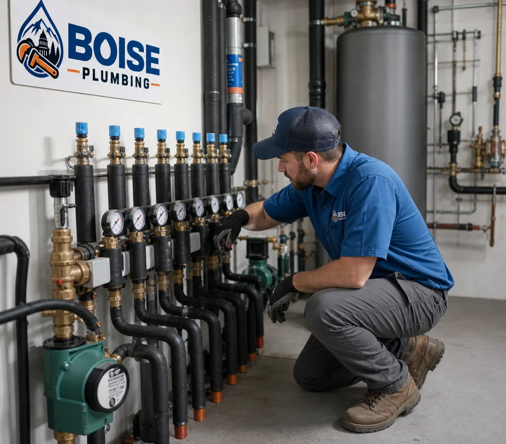 Boise technician inspecting clean, labeled geothermal loop piping, manifolds, and circulator components in a mechanical room
