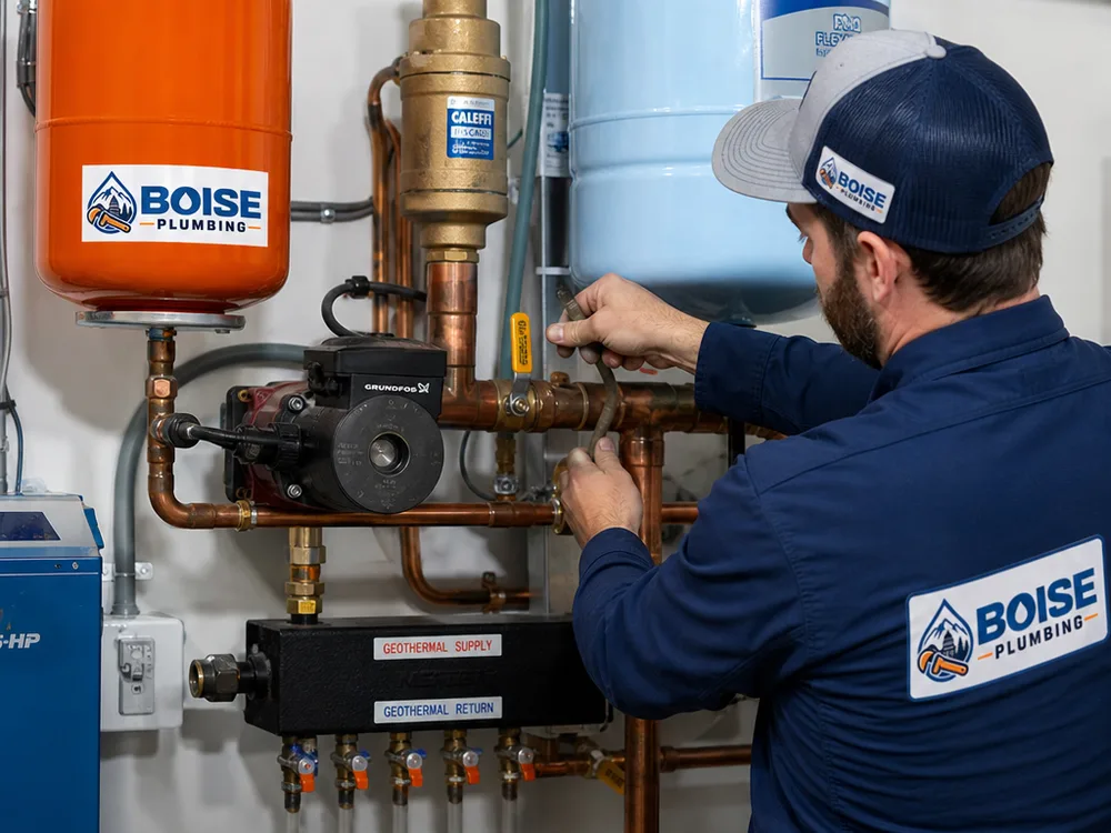 Geothermal hydronic piping assembly with circulator pump, air separator, expansion tank, isolation valves, and a labeled manifold