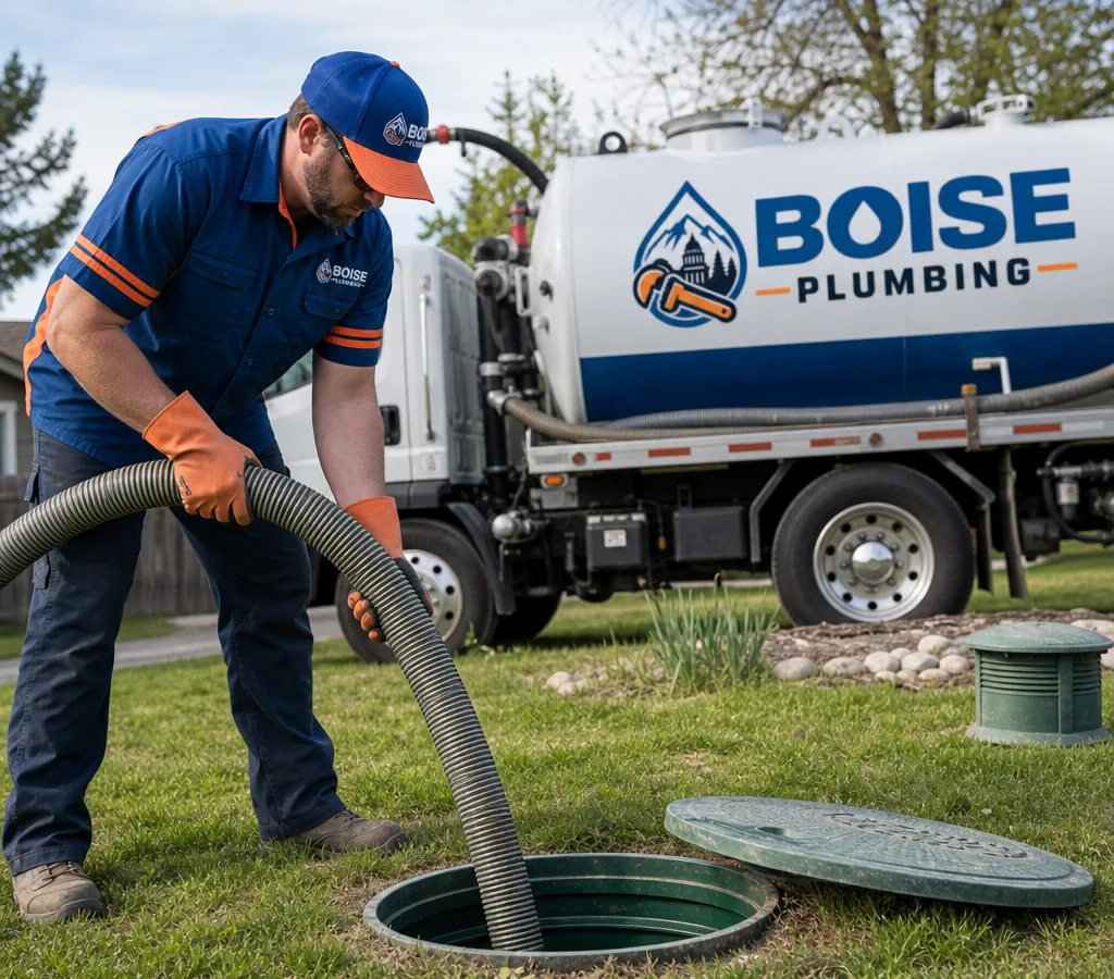 Technician positioning a vacuum truck hose at an exposed septic tank access riser in a residential yard
