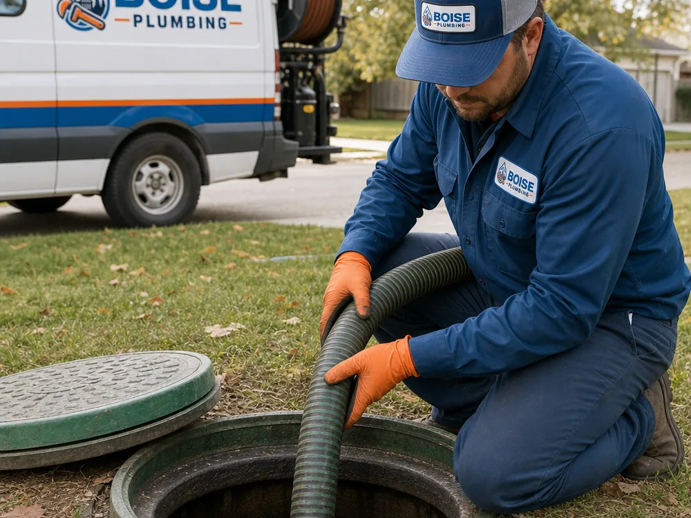 Open septic tank access riser with a pumping hose inserted in a clean, safely managed setup