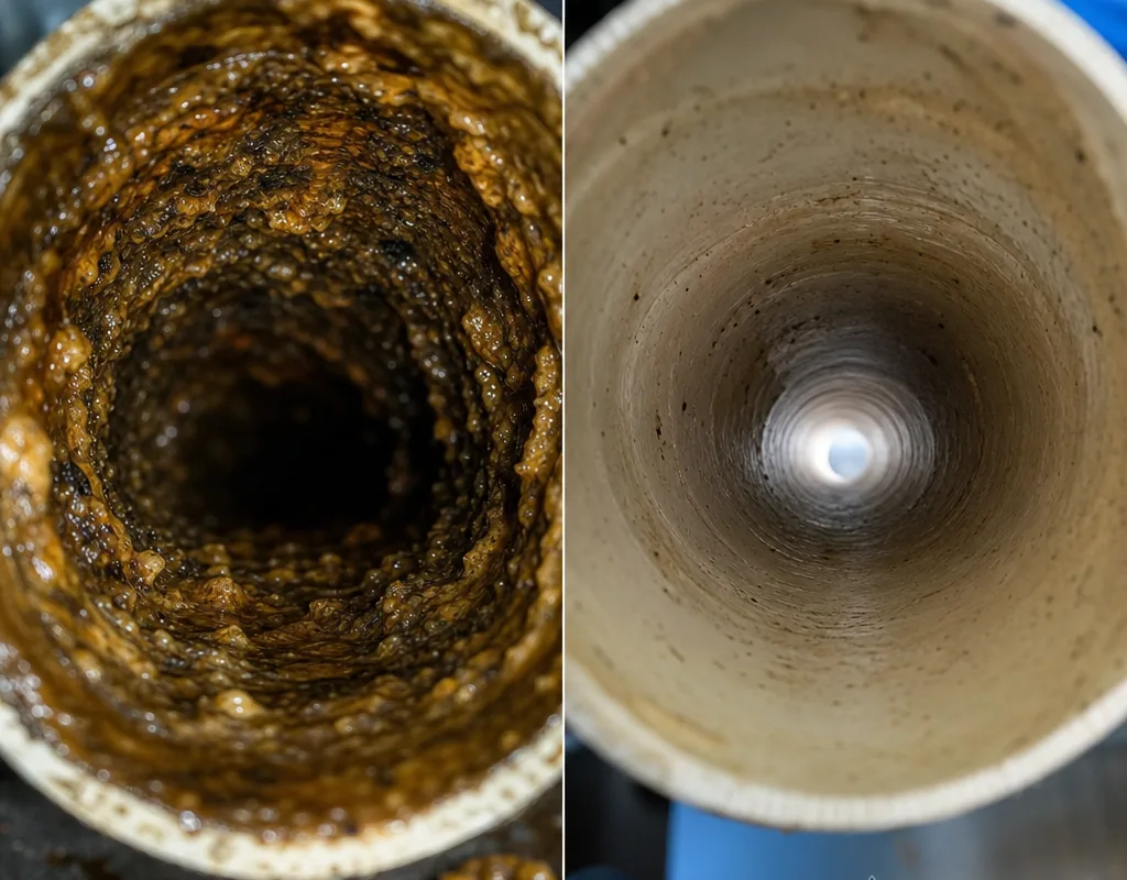 Before-and-after drain camera view showing grease buildup before hydro jetting and clearer pipe walls afterward