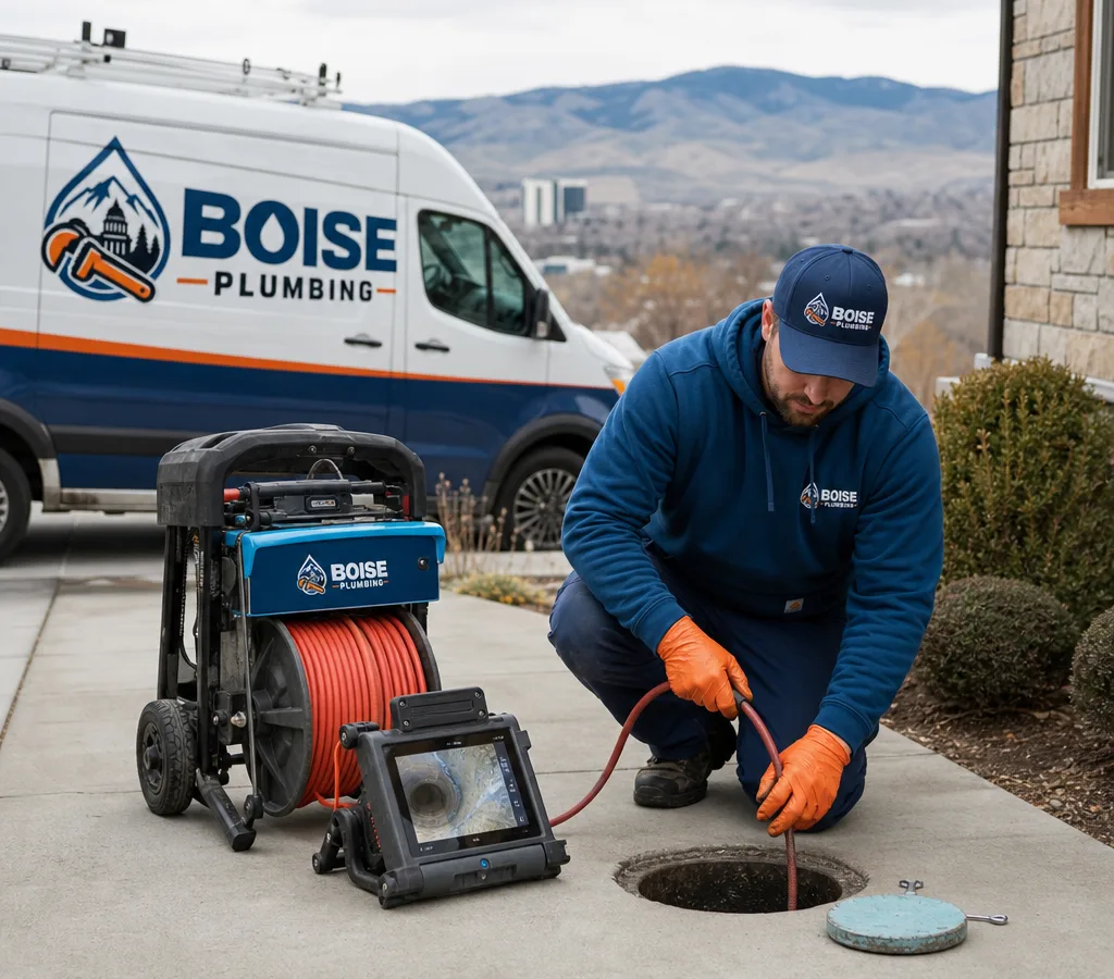 Boise plumbing technician feeding a drain-cleaning cable into a residential cleanout with a jetter and inspection camera nearby