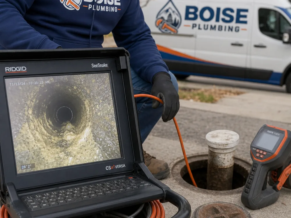 Sewer inspection camera monitor showing buildup inside a drain line with the reel and locator beside a cleanout