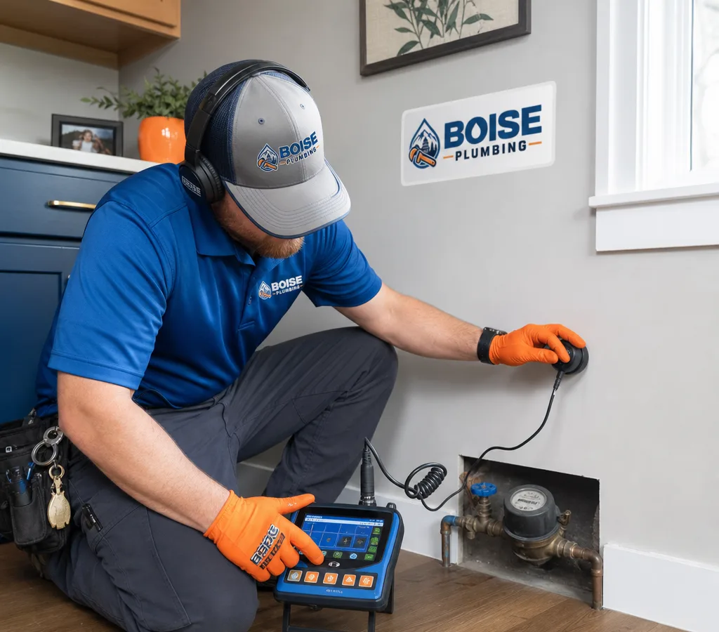 Plumber using electronic leak detection equipment near a water shutoff inside a Boise home