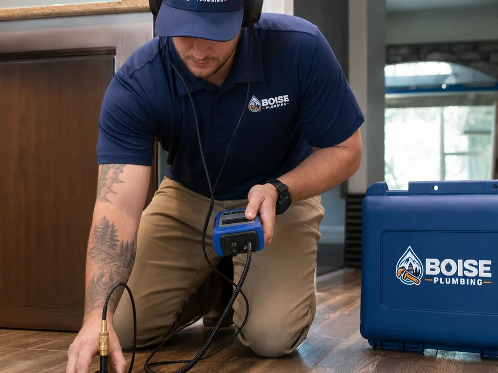 Technician using acoustic leak detection headphones and a ground microphone on a finished floor