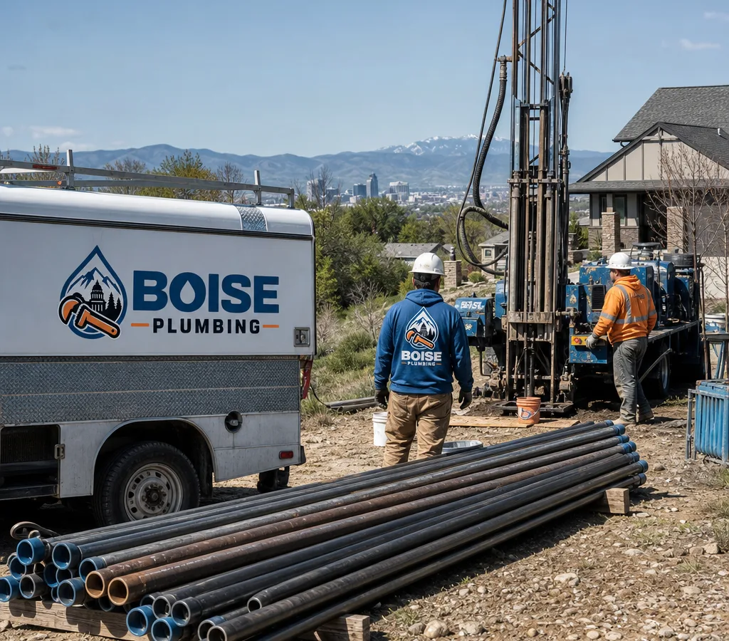 Drilling rig and crew actively drilling a well on a Boise-area property