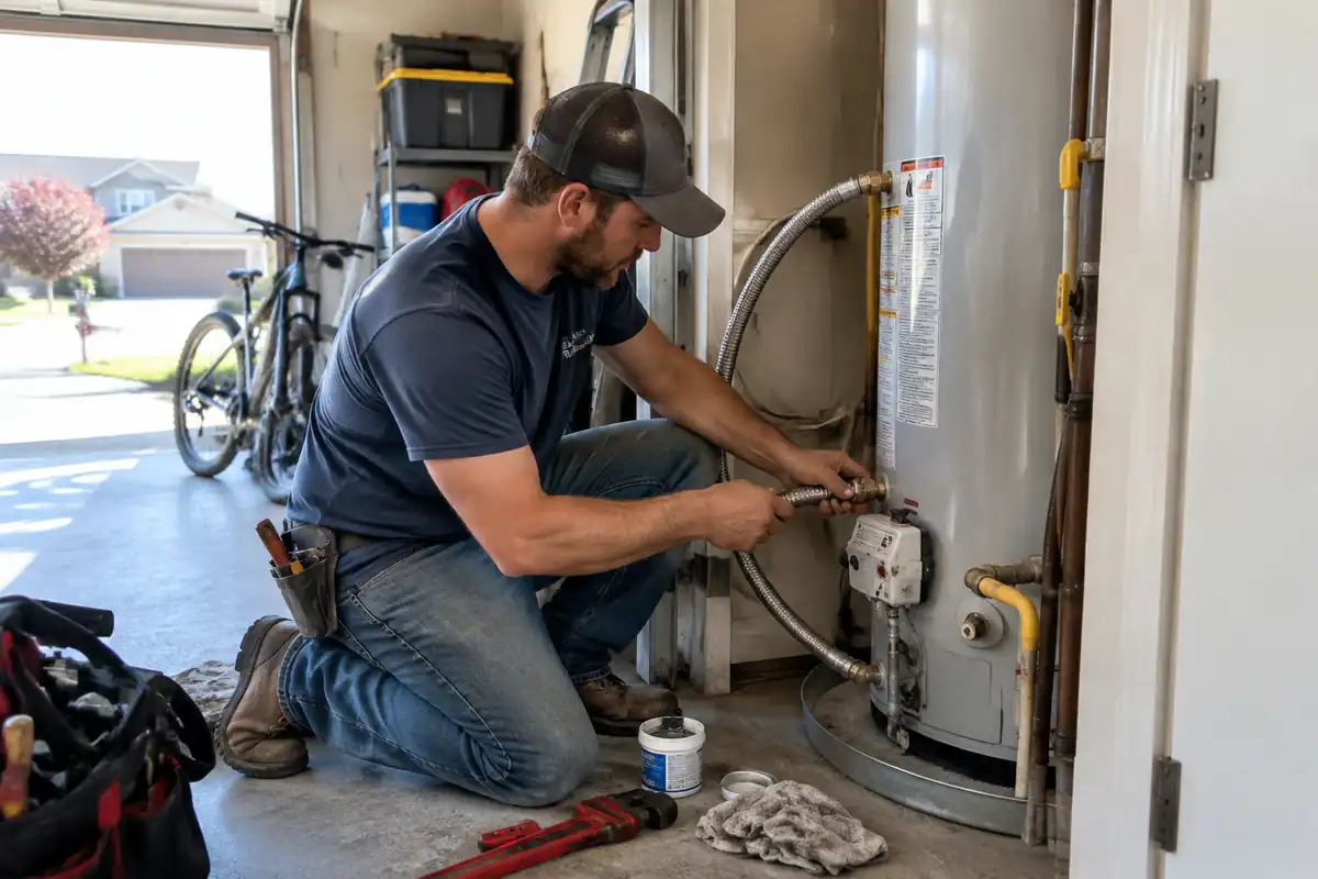 Plumber installing a water heater in the garage of a newer Treasure Valley subdivision home