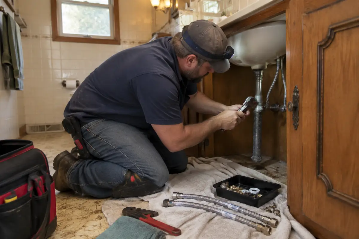 Plumber replacing an old galvanized supply line under a bathroom sink in an older Nampa-area home