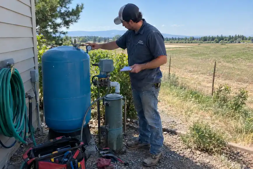 Plumber servicing a residential well pressure tank and pump equipment in a semi-rural Idaho yard