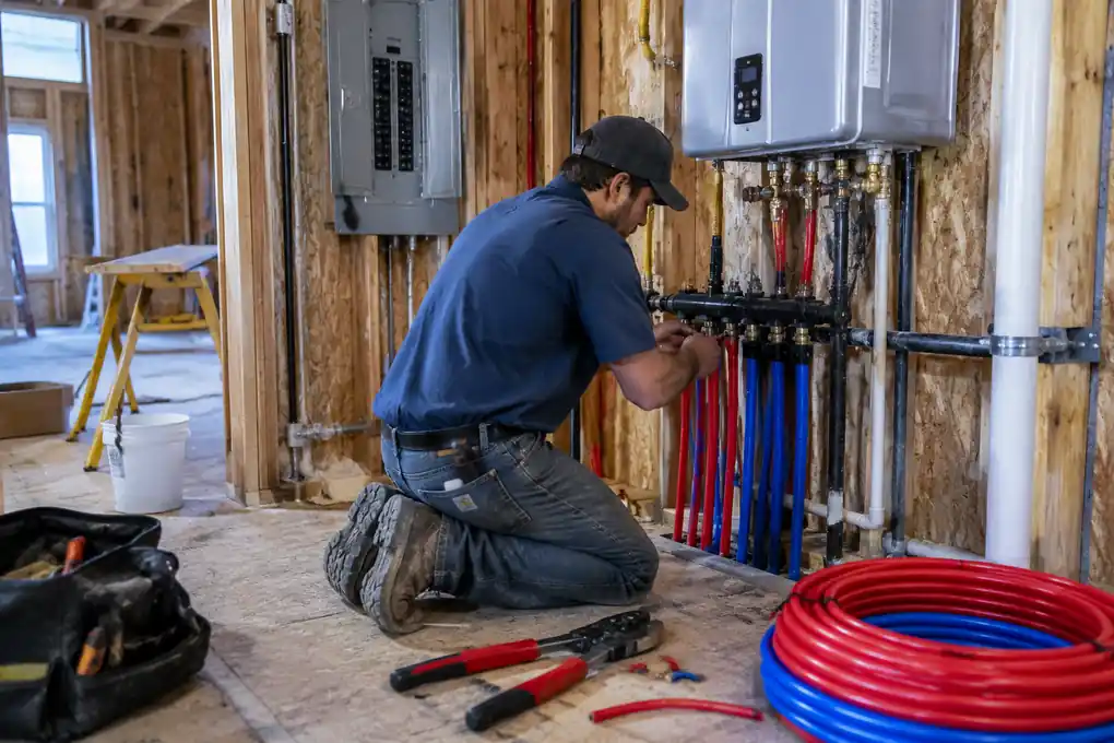 Plumber connecting PEX supply lines in the unfinished mechanical room of a new-construction Idaho home