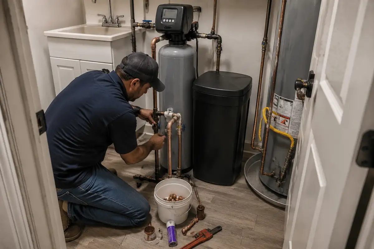 Plumber installing a whole-home water softener system in the utility area of an Idaho home