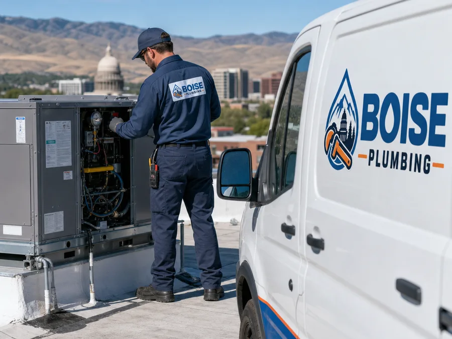 Technician operating a sectional drain machine at an exterior cleanout with protective mats beside the home