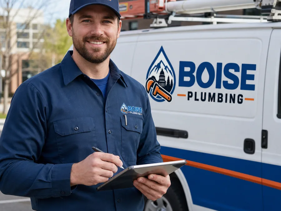 Boise Plumbing technician beside a stocked service van documenting findings and repair options